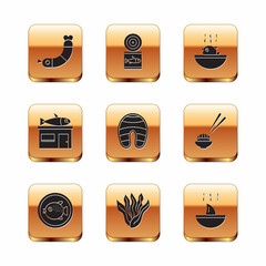 Set Shrimp, Puffer fish on a plate, Seaweed, Fish steak, Seafood store, soup, Shark fin and Canned icon. Vector
