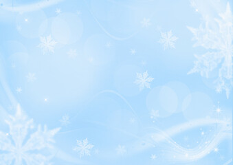 Fototapeta na wymiar gentle blue winter abstract background with white snowflakes of different sizes and blur.
