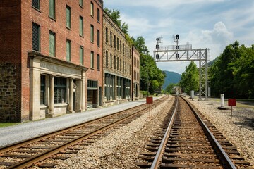 Railroad tracks and historic buildings in Thurmond, a ghost town in the New River Gorge of West...