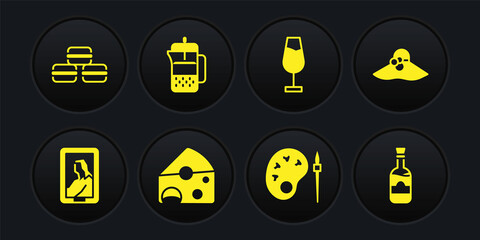 Set Portrait in museum, Elegant women hat, Cheese, Paint brush with palette, Wine glass, French press, Bottles of wine and Macaron cookie icon. Vector