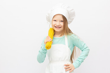 Beautiful little girl in chef uniform isolated on white