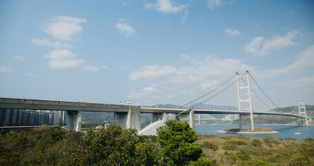 Tsing Ma Suspension bridge in Hong Kong city