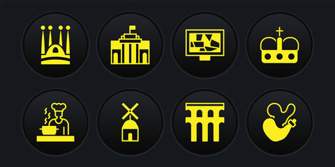 Set Spanish cook, Crown of spain, Windmill, Aqueduct Segovia, Picture art, Prado museum, wineskin and Sagrada Familia icon. Vector