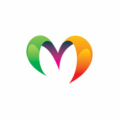 full color initial m letter love heart logo design