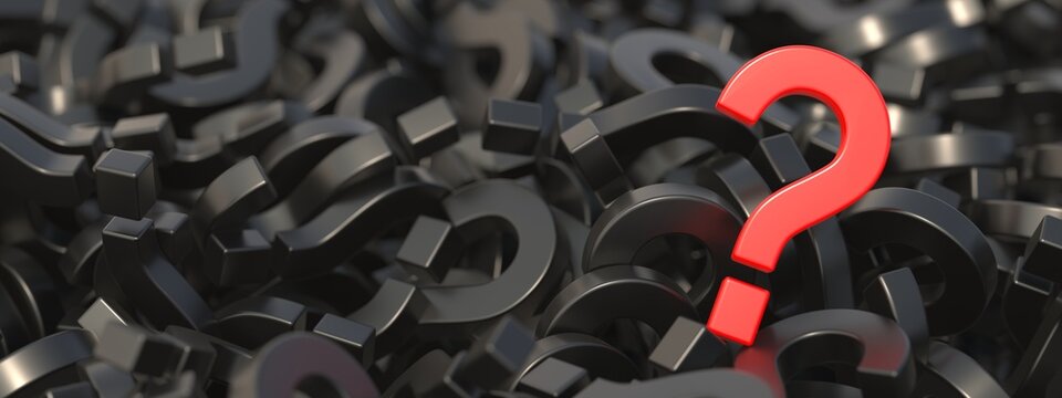 Question mark red on black color questionmarks pile background, copy space. 3d illustration