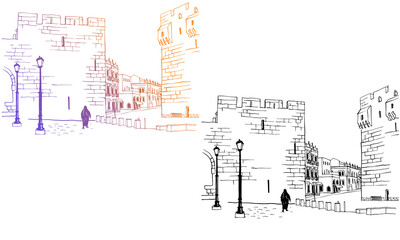Naklejka premium Old street of Jerusalem, colourful vector illustration in hand drawn style. Ancient walls. Jerusalem, Israel. Urban landscape sketch. Line art. Ink drawing on white.