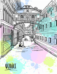 Nice view of old romantic Venice, Italy. Urban background in hand drawn sketch style. Ink line drawing. Black and white Vector illustration on colourful blobs background