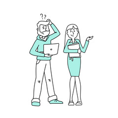 People in the office_ man with laptop and woman with documents in office do not know what to do with question mark in line style © Liudmyla Taranenko