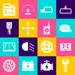 Set Car key with remote, Diagnostics condition of car, Scotch tape, mirror, Wheel wrench, Canister for motor oil and icon. Vector