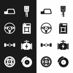 Set Canister for gasoline, Steering wheel, Car mirror, key with remote, Chassis car, Check engine, brake disk caliper and icon. Vector