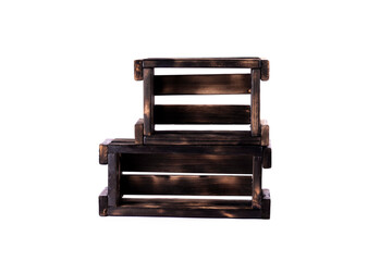 Wooden boxes. Handmade empty burned wooden boxes on a white background.