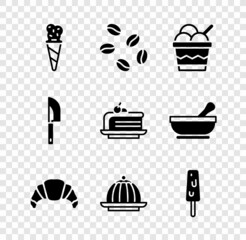 Set Ice cream in waffle cone, Coffee beans, bowl, Croissant, Pudding custard, Knife and Piece cake icon. Vector