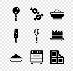 Set Lollipop, Candy, Flour bowl, Homemade pie, Oven, Chocolate bar, Ice cream and Kitchen whisk icon. Vector