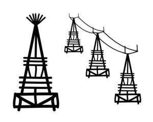 High-voltage tower, pole for Internet communication, support for electrical wiring, drawing with black outline on a white background