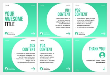 Microblog carousel slides template for instagram. Six pages with turqoise gradient theme.