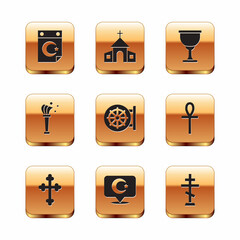 Set Star and crescent, Christian cross, Dharma wheel, Aspergillum, Holy grail or chalice, and Church building icon. Vector