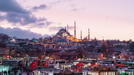 Suleymaniye Mosque Night Shot From Galata Bridge at Istanbul