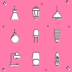 Set Lamp hanging, Garden light lamp, Light emitting diode, LED bulb, Table and icon. Vector