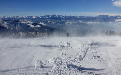 Randonnée en raquettes sur les premières neiges de décembre 2021, sur le plateau du Sornin dans...