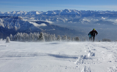 Fototapeta premium Randonnée en raquettes sur les premières neiges de décembre 2021, sur le plateau du Sornin dans le Vercors en France