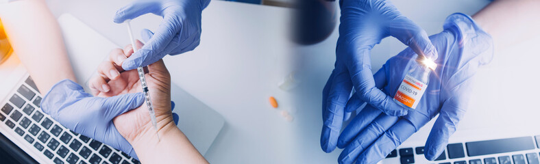 vaccines fight against virus, doctor or scientist in laboratory holding a syringe with liquid...