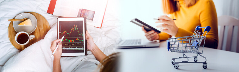 Cropped image of professional businesswoman working at her office via laptop, young female manager using portable computer device while sitting at modern loft, flare light, work process concept