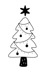 Hand drawn outline illustration of decorated Christmas tree with garland and balls. Cute doodle simple holiday line art. Flat vector New Year, festive, decoration sticker, icon or print. Isolated.