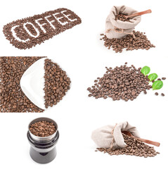 Collage of brown coffee beans over a white background