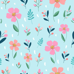 Floral seamless pattern on a blue background. Delicate spring flowers of pink color and berries on the branches. Blooming plants pattern for wrapping paper