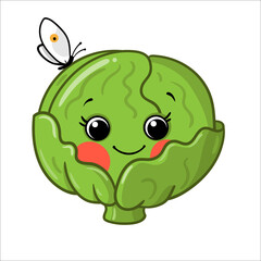 cabbage head, Cartoon vegetables, fruits cute characters isolated on white background vector illustration. Cute Funny Fruit face icon vector collection for kids. Food emoji. Funny food concept.