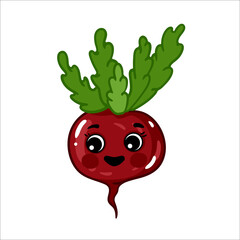 Radish, Cartoon vegetables, fruits cute characters isolated on white background vector illustration. Cute Funny Fruit face icon vector collection for kids. Food emoji. Funny food concept.