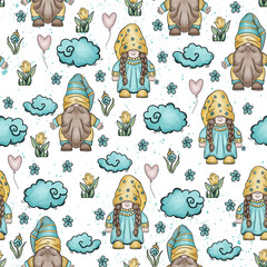 A couple of gnomes romantic seamless pattern surface design for textile fabric, wrapping paper