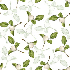 Pattern with white mistletoe berries on a light background