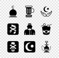 Set Muslim Mosque, Medieval goblet, Star and crescent, No alcohol, Hookah, Speaker mute and man icon. Vector