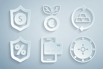 Set Mobile banking, Gold bars, Loan percent, Safe, Euro plant and Shield with dollar icon. Vector