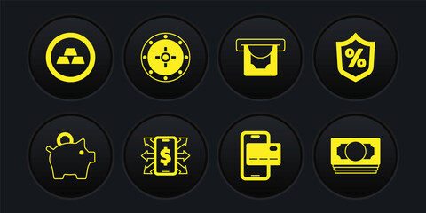 Set Piggy bank, Loan percent, Smartphone with dollar, Mobile banking, ATM and money, Safe, Stacks paper cash and Gold bars icon. Vector