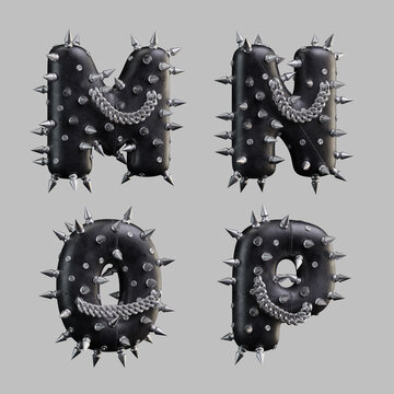 3d render of black leather letters with metallic spikes and chain