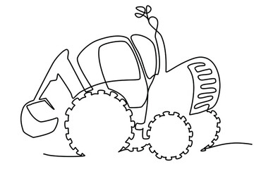 continuous line vector illustration isolated on white background. Tractor with bucket