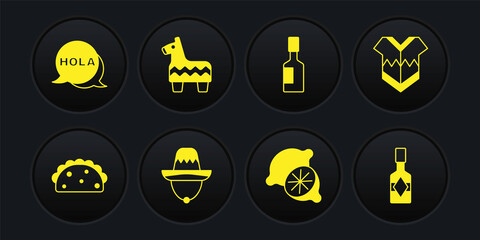 Set Taco with tortilla, Poncho, Mexican sombrero, Lime, Tabasco sauce, Pinata, and Hola icon. Vector © vector_v