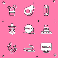 Set Cactus or succulent in pot, Avocado fruit, Burrito, Mexican man sombrero, Hola, and Cigar icon. Vector © vector_v