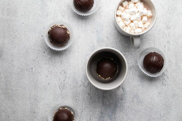 Hot cocoa chocolate ball bomb with marshmallow. Holiday winter drink. Handmade Christmas present.
