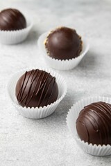 Hot cocoa chocolate ball bomb with marshmallow. Holiday winter drink. Handmade Christmas present. Selective focus.