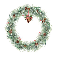 Fototapeta na wymiar Raster illustration of a coniferous wreath with cones. Christmas illustration. Winter theme. Illustration of a fir tree, a Christmas tree, cones, a Christmas wreath.
