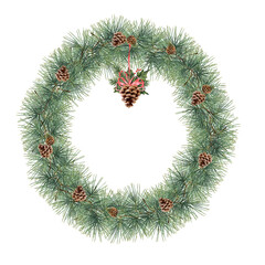 Fototapeta na wymiar Raster illustration of a coniferous wreath with cones. Christmas illustration. Winter theme. Illustration of a fir tree, a Christmas tree, cones, a Christmas wreath.