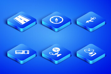 Set Radar, Airport runway, Aircraft steering helm, Airline ticket, Compass and UAV Drone icon. Vector