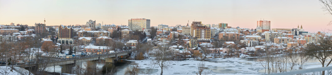 Vinnytsia, Ukraine. Night winter city view from the river Southern Bug in the city of Vinnitsa to the central part in winter time. City center view