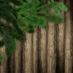 christmas background an old fence with a branch of a fir tree