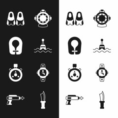 Set Floating buoy, Life jacket, Flippers for swimming, Aqualung, Stopwatch, Diving, knife and Fishing harpoon icon. Vector