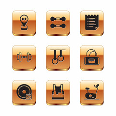 Set Location gym, Weight plate, Sweaty sleeveless t-shirt, Gymnastic rings, Dumbbell, Sport training program, Stationary bicycle and icon. Vector