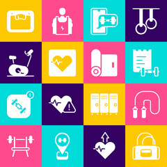 Set Sport bag, Jump rope, training program, Fitness app, Heart rate, Stationary bicycle, Bathroom scales and mat roll icon. Vector